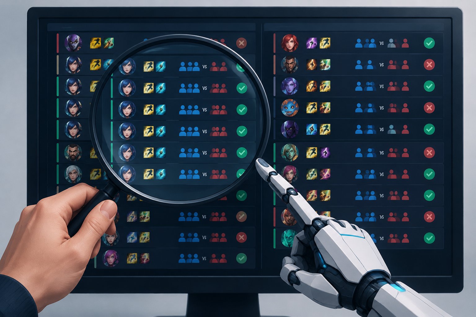 A person uses a magnifying glass to inspect a game match-history screen while a robotic cursor points at repeated entries.