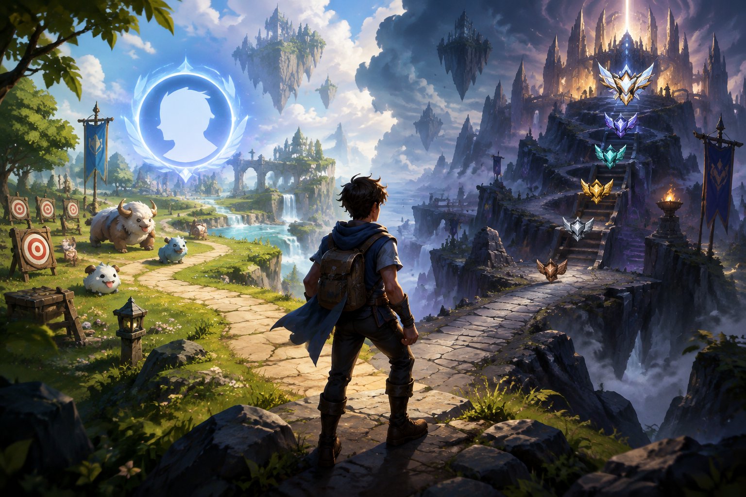 A player considers a welcoming training ground on one path and a competitive arena on another.