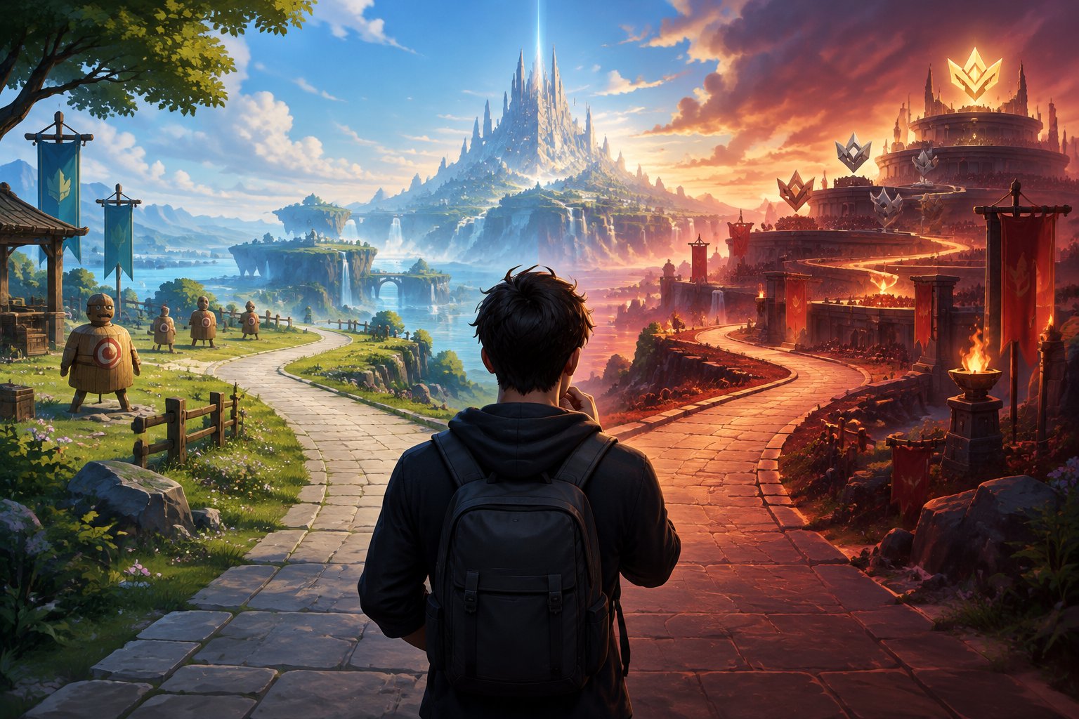 A gamer considers two paths leading toward a fantasy arena, one calm and beginner-friendly and the other more competitive.