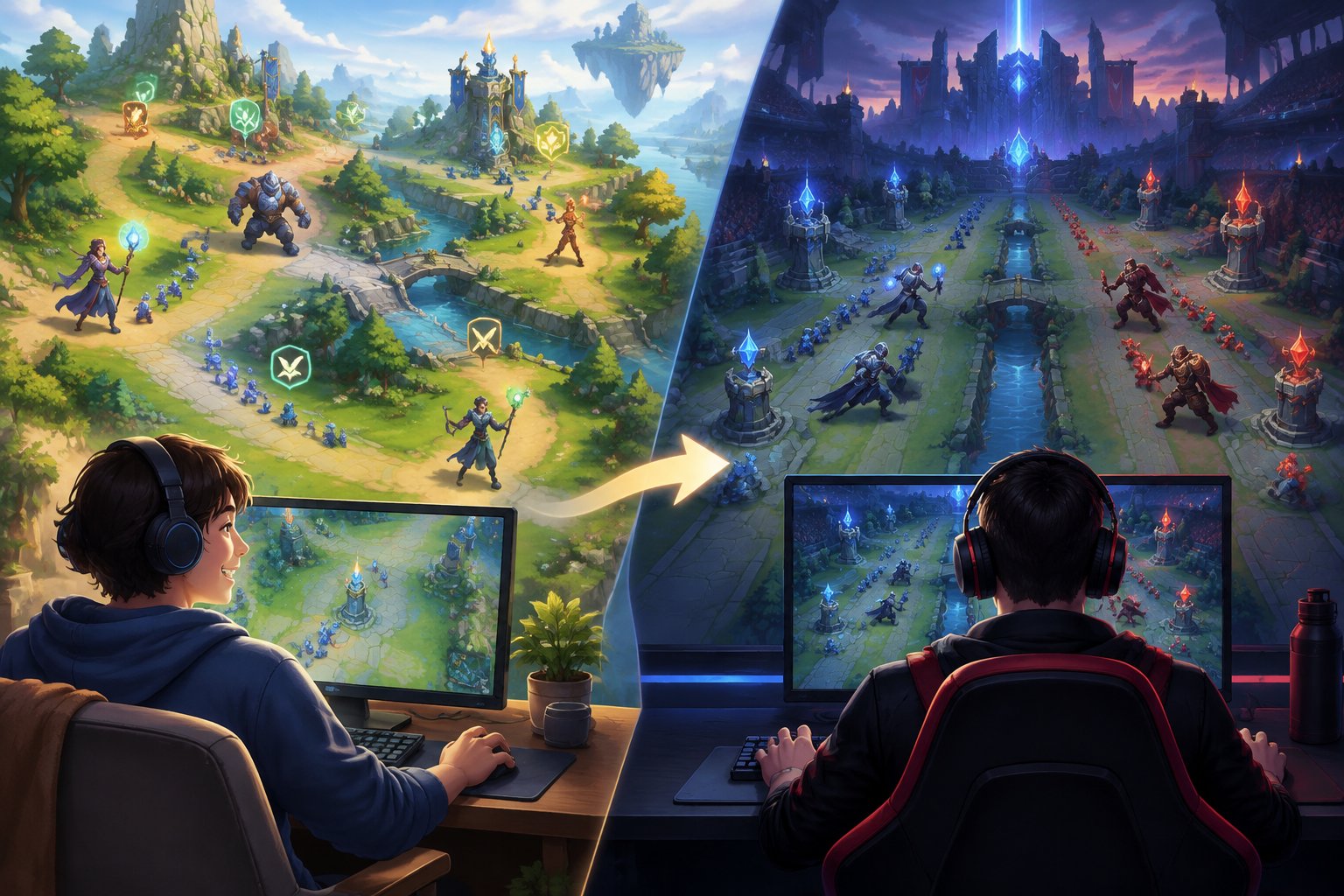 Two players face contrasting fantasy battle arenas, one relaxed and exploratory and the other focused and competitive.