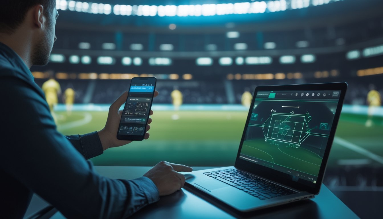 Seseorang menggunakan ponsel dan laptop untuk melihat pertandingan sepak bola serta data digital.