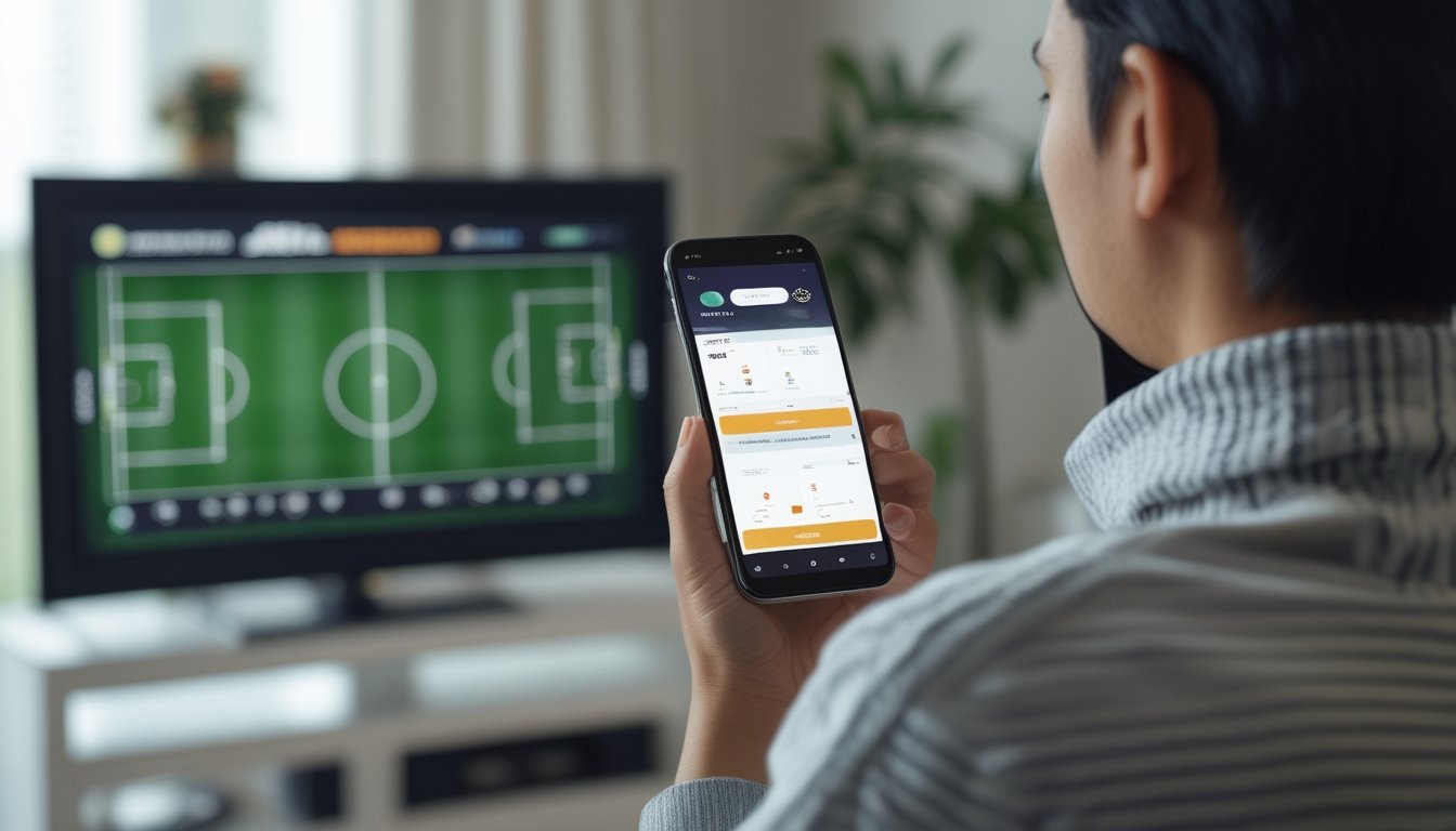 Seorang penggemar sepak bola menggunakan ponsel saat menyaksikan pertandingan di televisi.