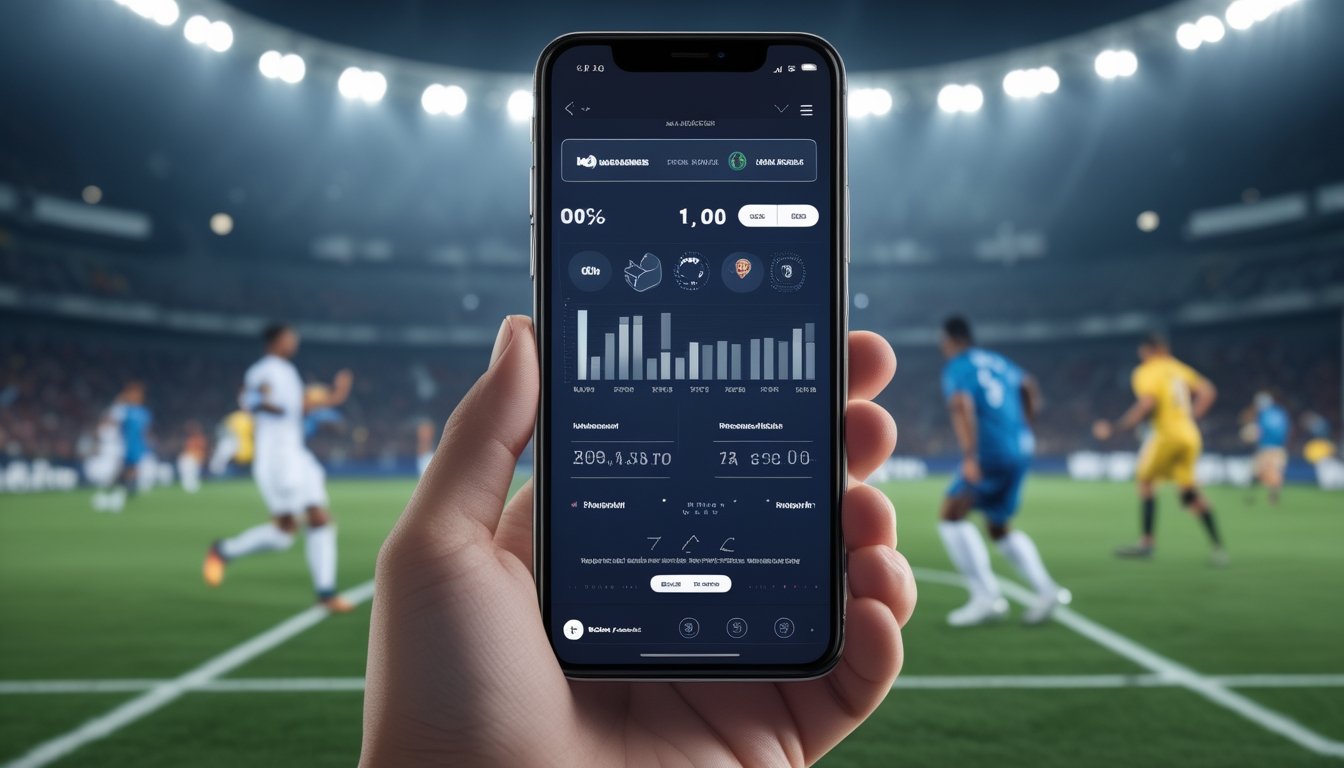 Ponsel menampilkan statistik pertandingan sepak bola dengan suasana pertandingan di stadion.