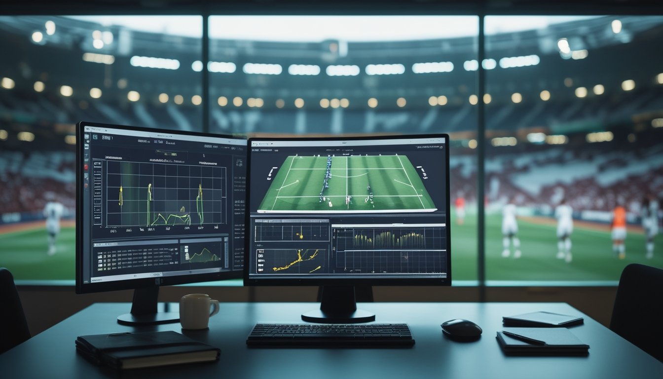 Seorang analis sepak bola memantau statistik pertandingan di layar dengan stadion terlihat di latar belakang.