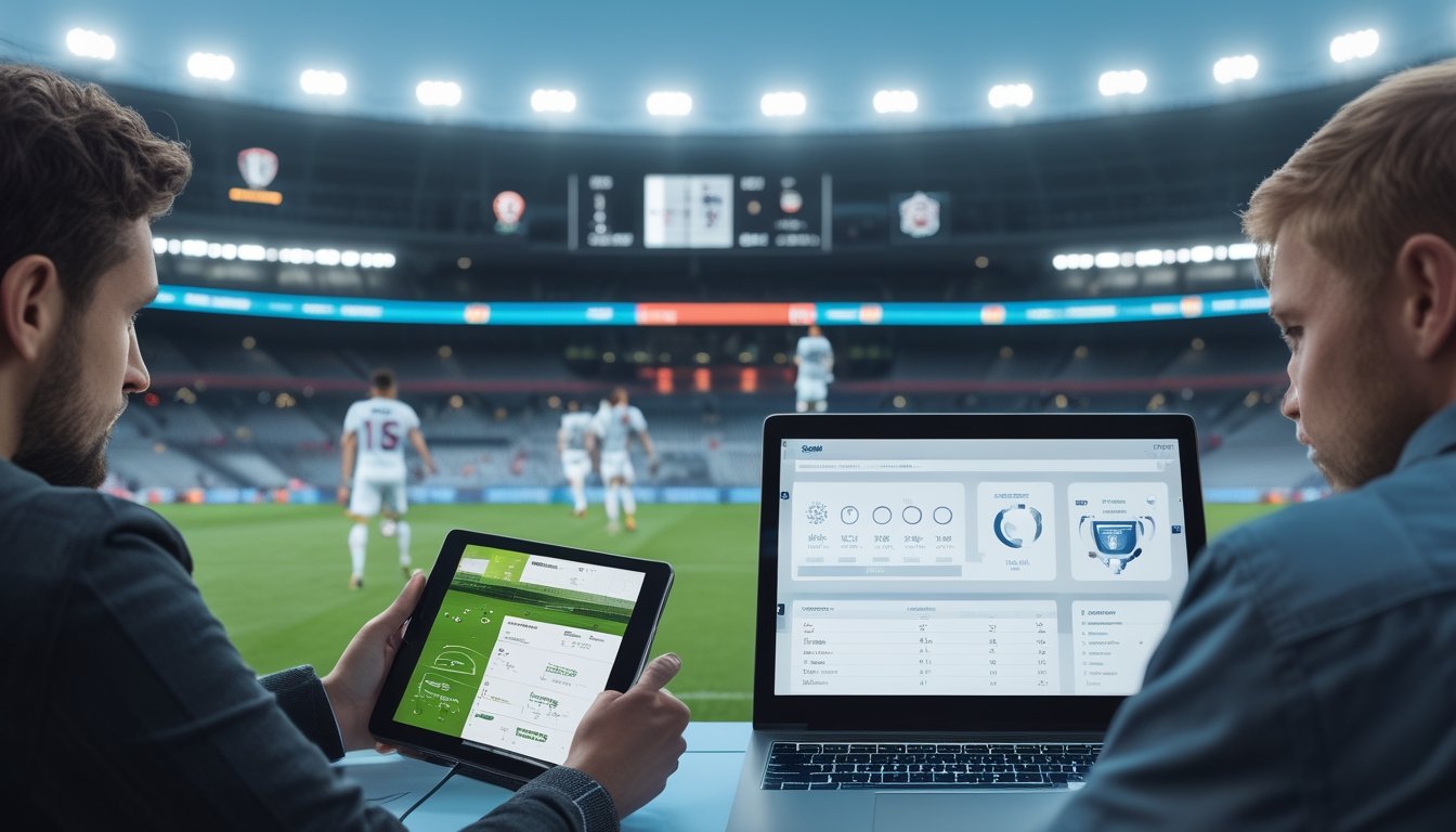 Dua orang membandingkan pertandingan sepak bola di stadion menggunakan tablet dan laptop.
