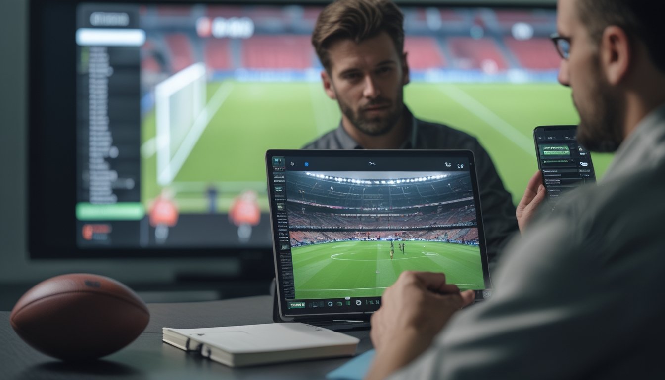 Seorang analis sepak bola mempelajari pertandingan dan statistik, sementara seseorang di latar belakang memeriksa ponsel.