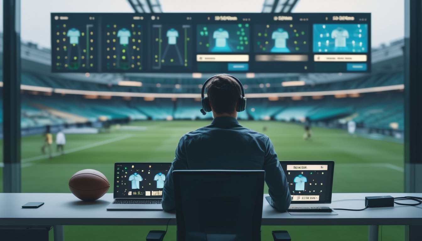 Seorang analis sepak bola mempelajari statistik tim di ruang analisis, dengan stadion terlihat di belakangnya.