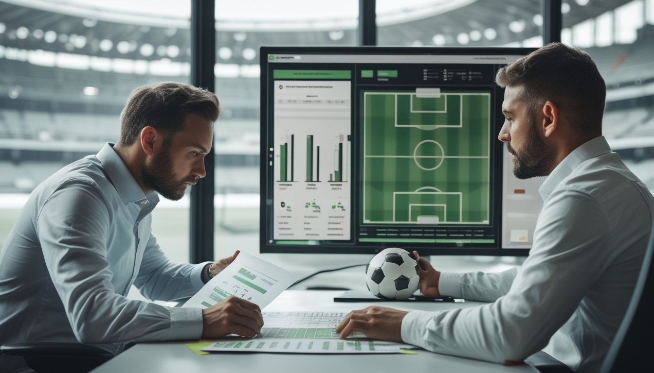 Dua analis membandingkan statistik tim sepak bola sebelum pertandingan.