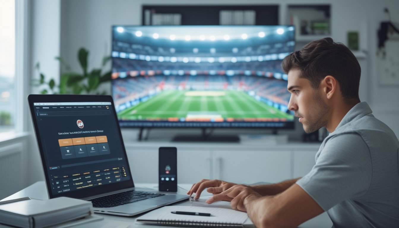 Seorang pria mempelajari pertandingan sepak bola melalui laptop dan ponsel di rumah.