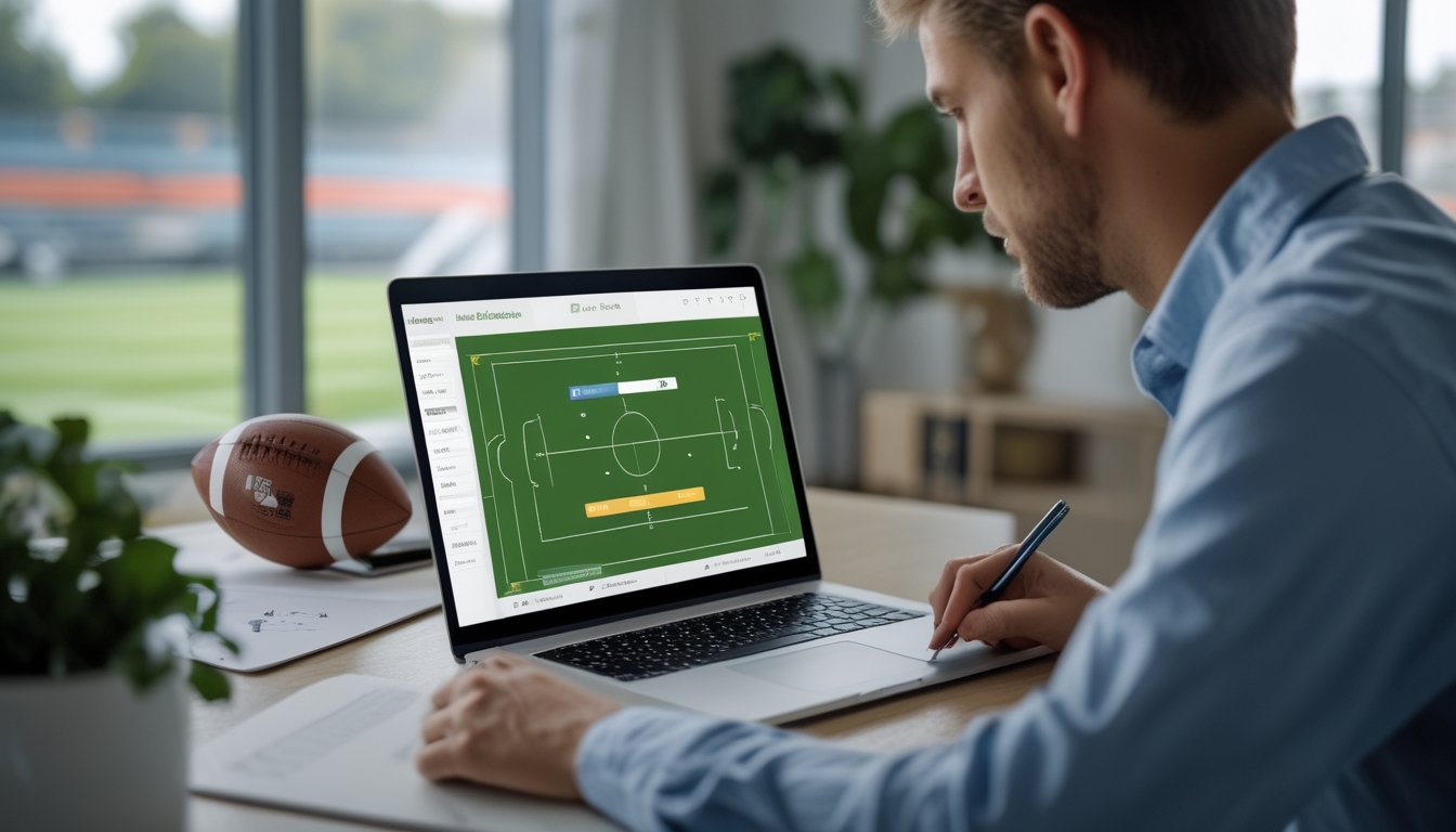 Seseorang mempelajari analisis pertandingan sepak bola di laptop sambil mencatat.