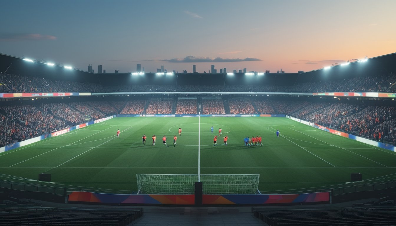 Para pemain bertanding sepak bola di stadion yang dipenuhi penonton.