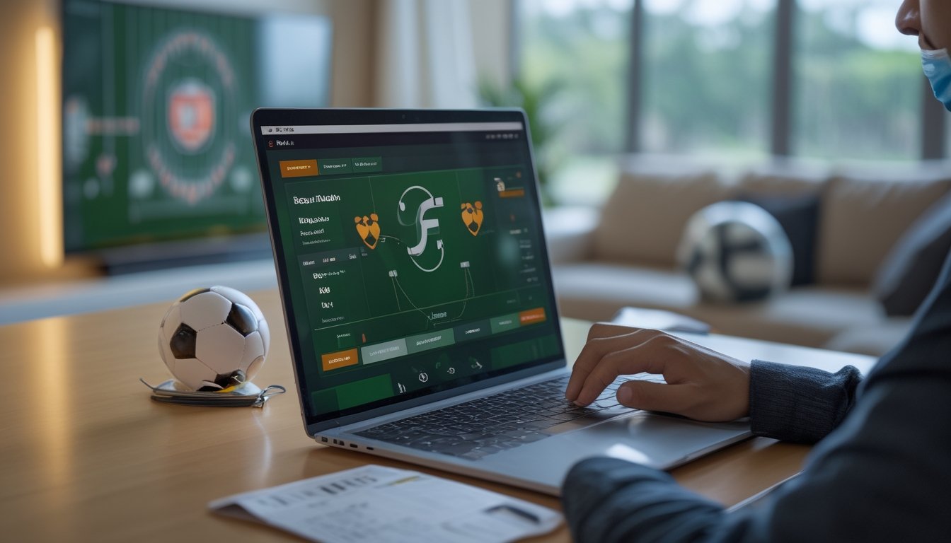 Seorang penggemar sepak bola melihat platform pertandingan di laptop di rumah.