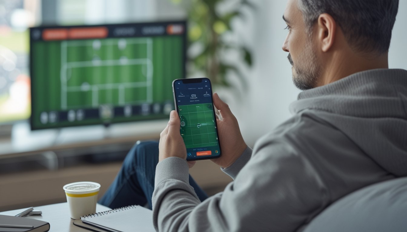 Seorang penggemar sepak bola menonton pertandingan sambil menggunakan ponsel dengan sikap tenang.