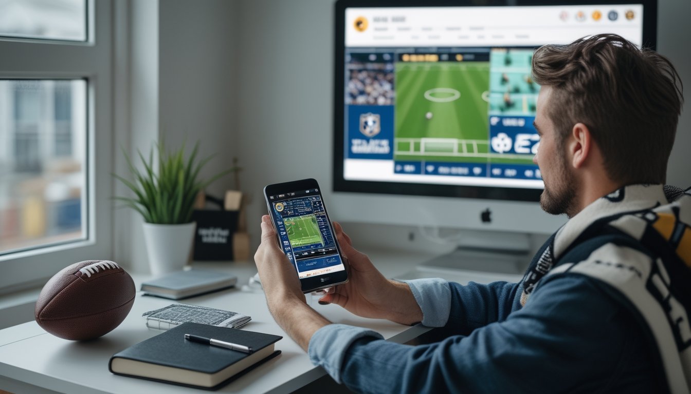 Seorang penggemar sepak bola menonton pertandingan sambil menggunakan ponsel di rumah.