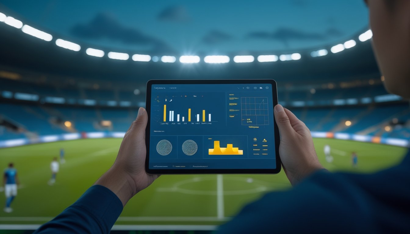 Seseorang menggunakan tablet untuk melihat data sepak bola di stadion.