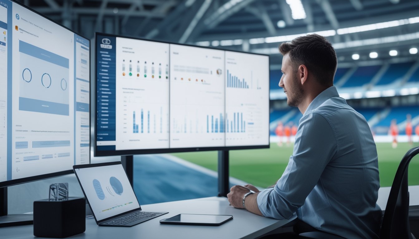 Seorang analis sepak bola mempelajari diagram pertandingan dan statistik di ruang kerja modern.