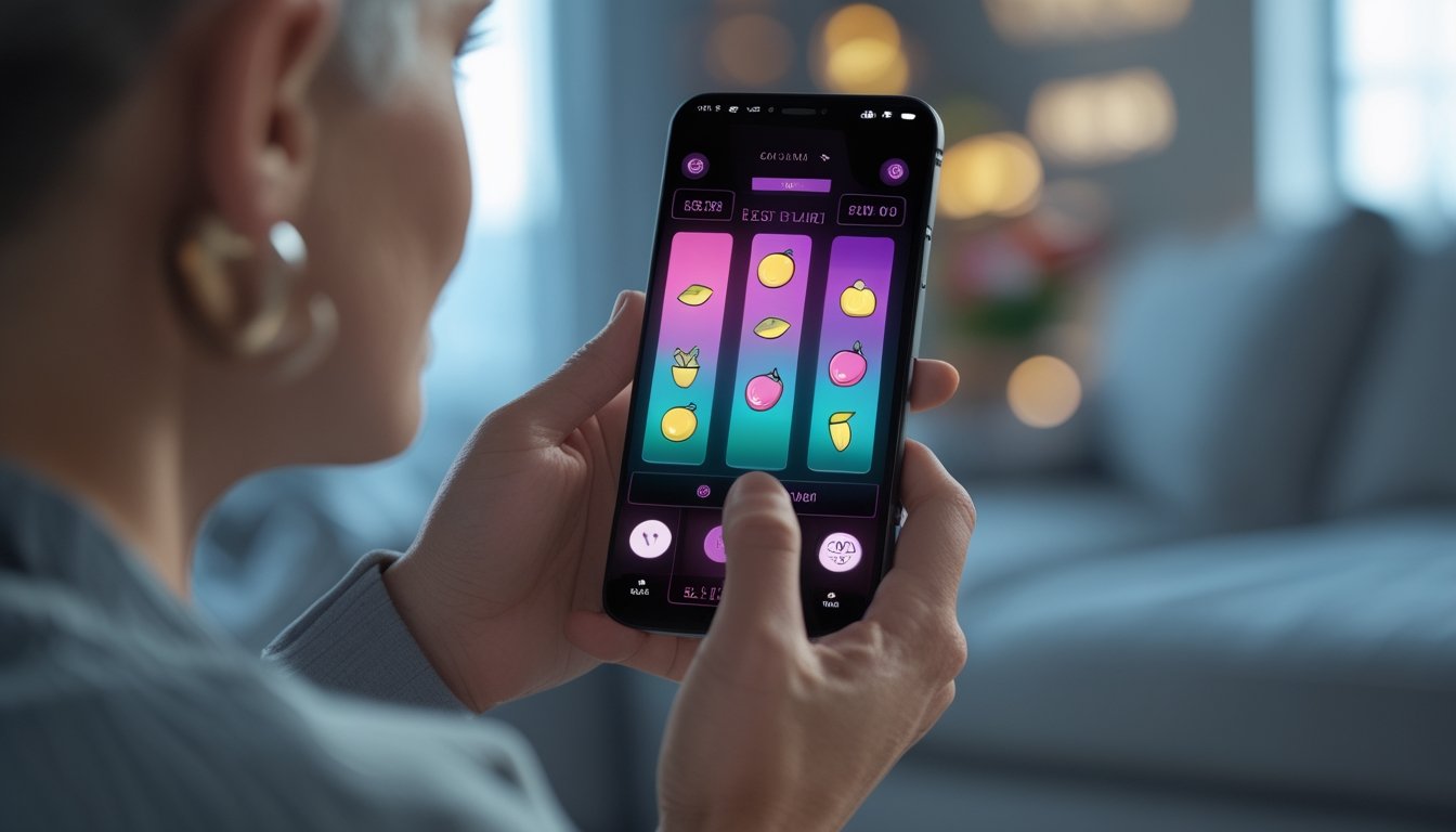 Seseorang menggunakan ponsel untuk memainkan permainan slot digital di rumah.