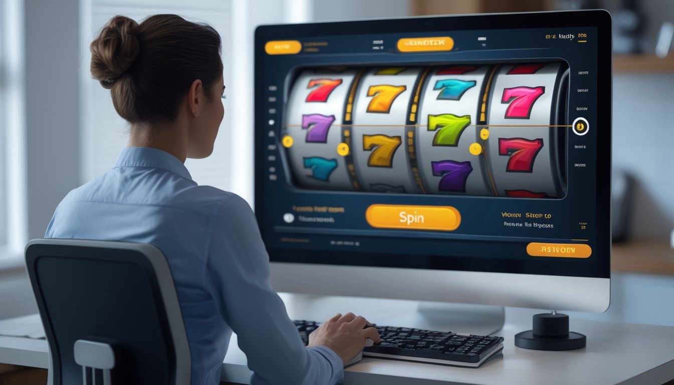 Seseorang mengamati permainan slot digital di layar komputer.