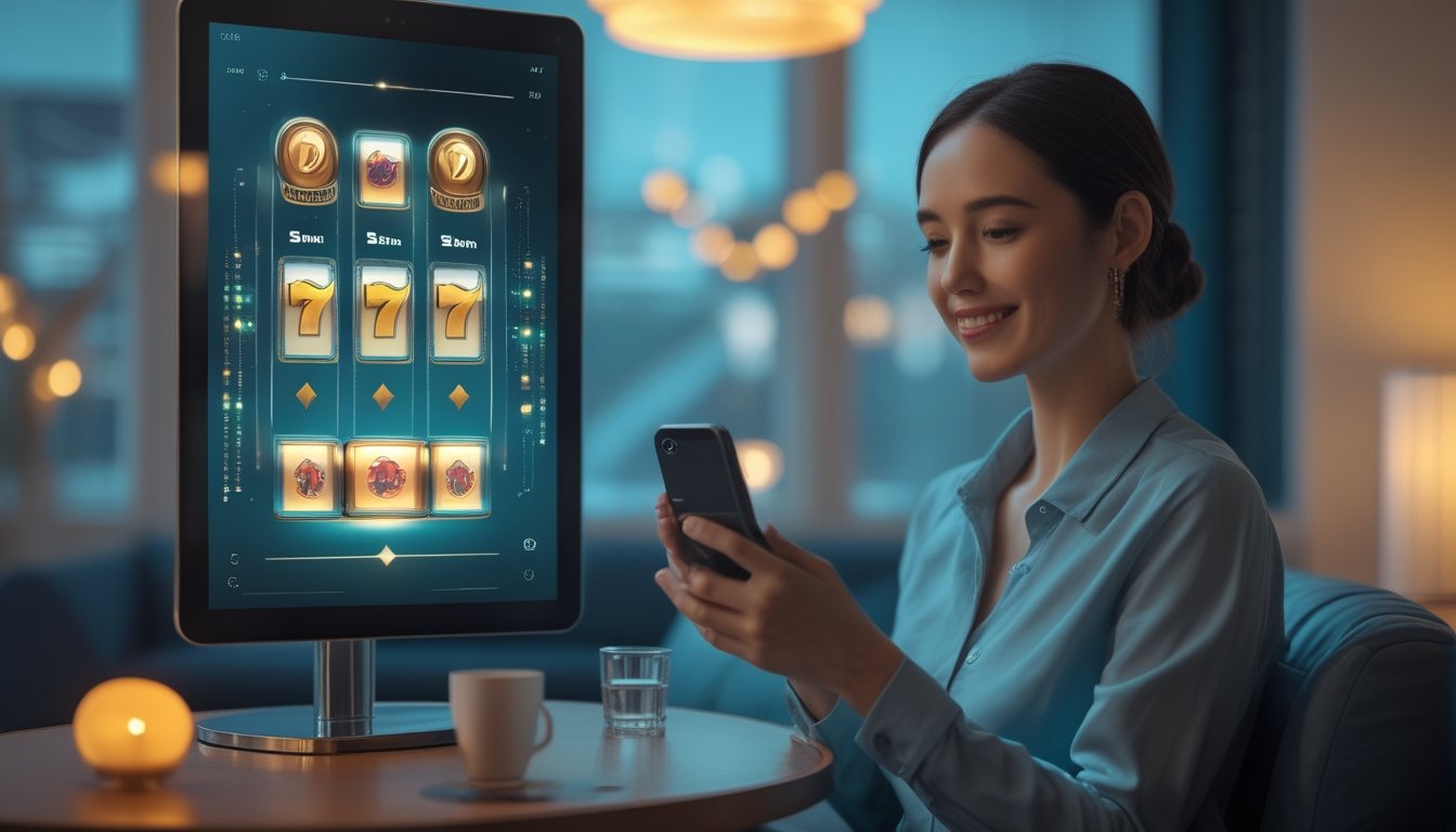 Seseorang menggunakan ponsel dengan permainan slot digital di layar.