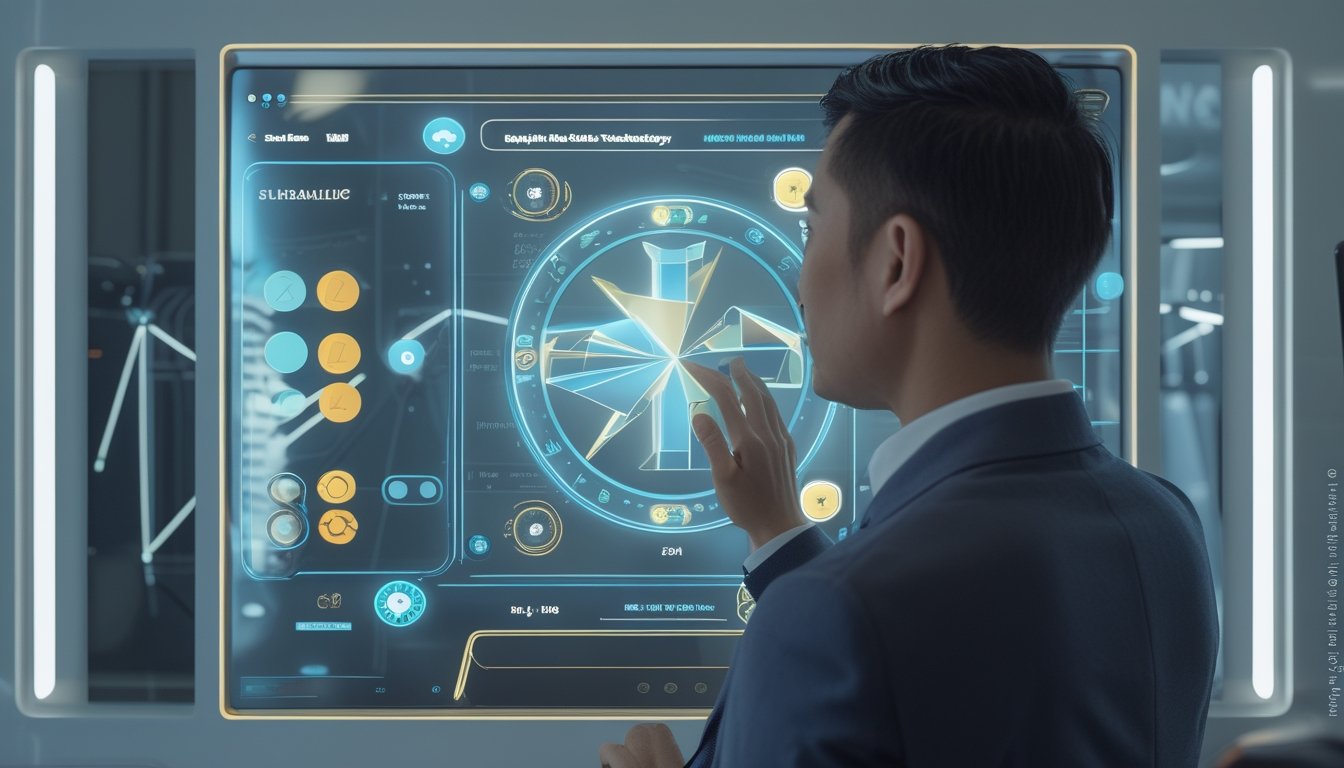 Seorang analis mengamati tampilan permainan digital pada layar transparan dengan ponsel dan tablet di dekatnya.