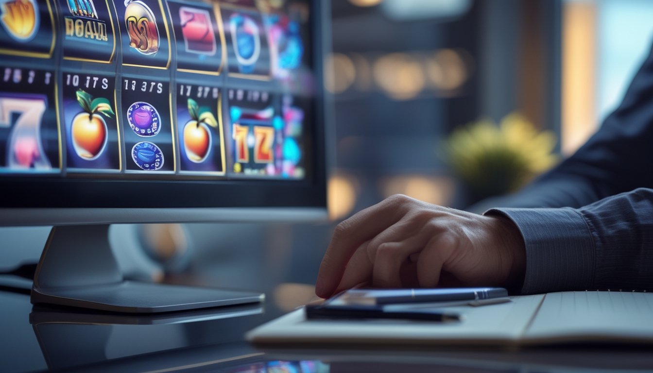 Seseorang meneliti tampilan permainan slot online di depan komputer.