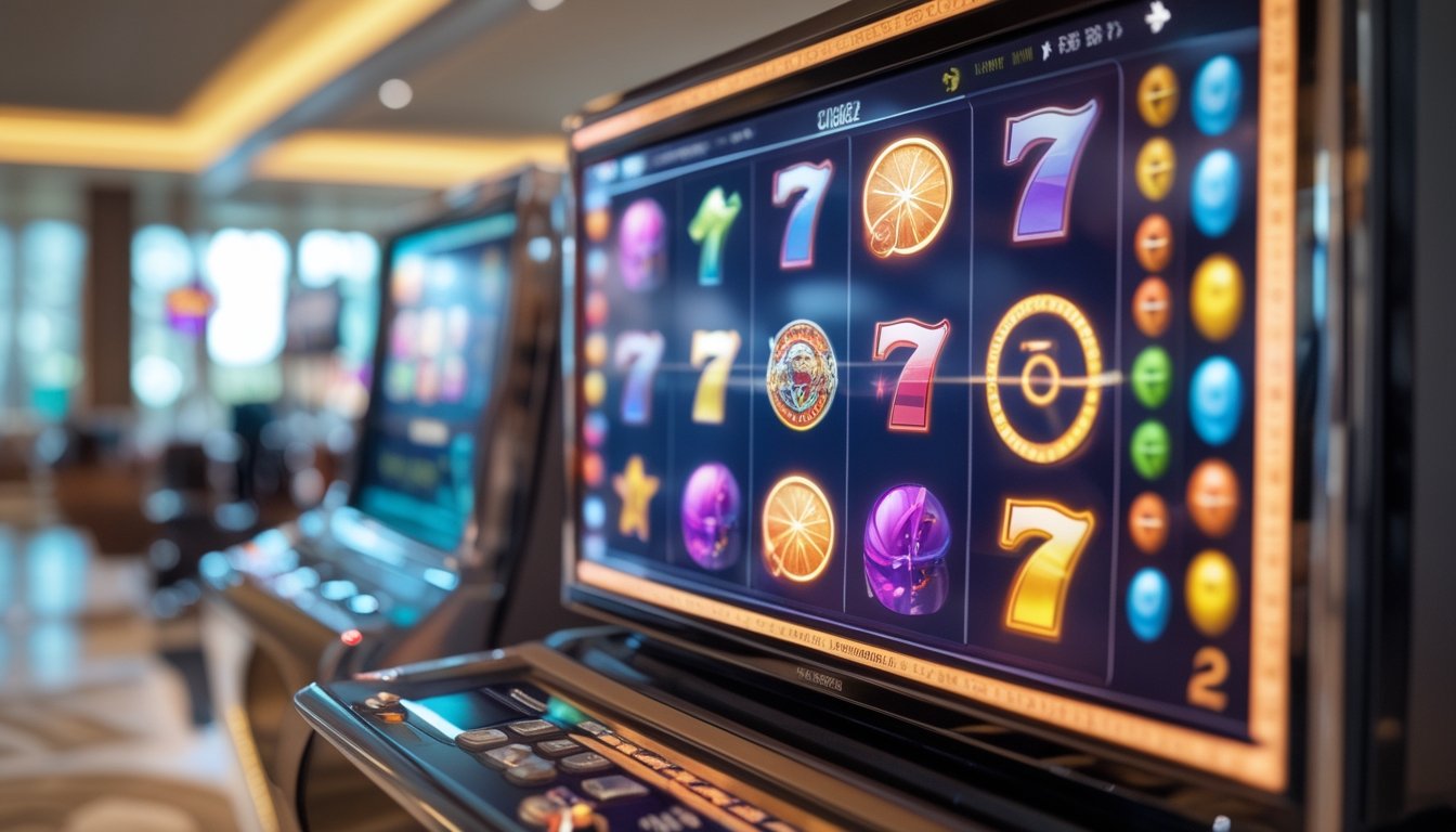 Layar permainan slot digital menampilkan gulungan simbol berwarna dengan efek bonus putaran gratis.