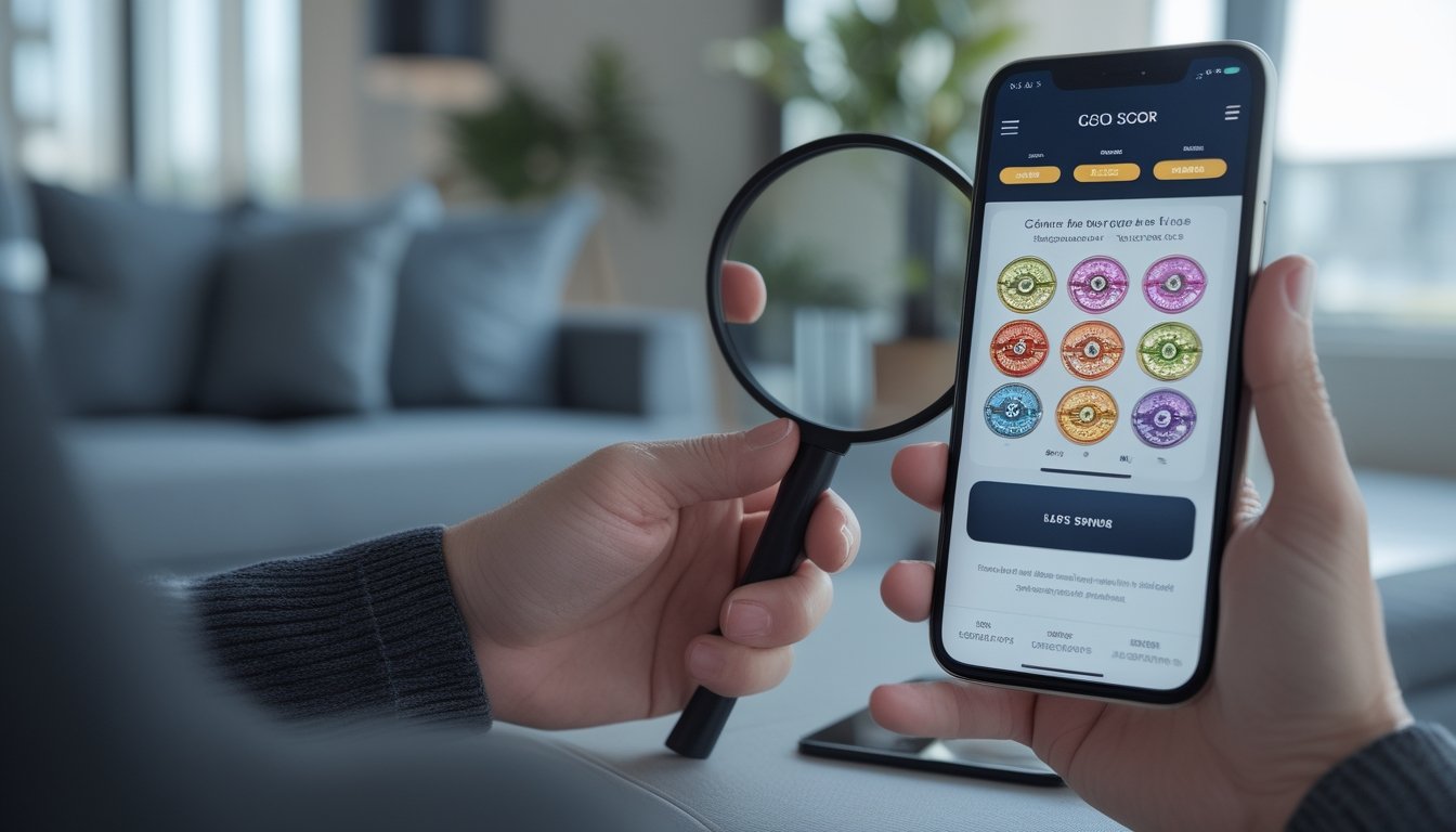 Seseorang dewasa mengamati fitur putaran gratis pada permainan slot di ponsel.