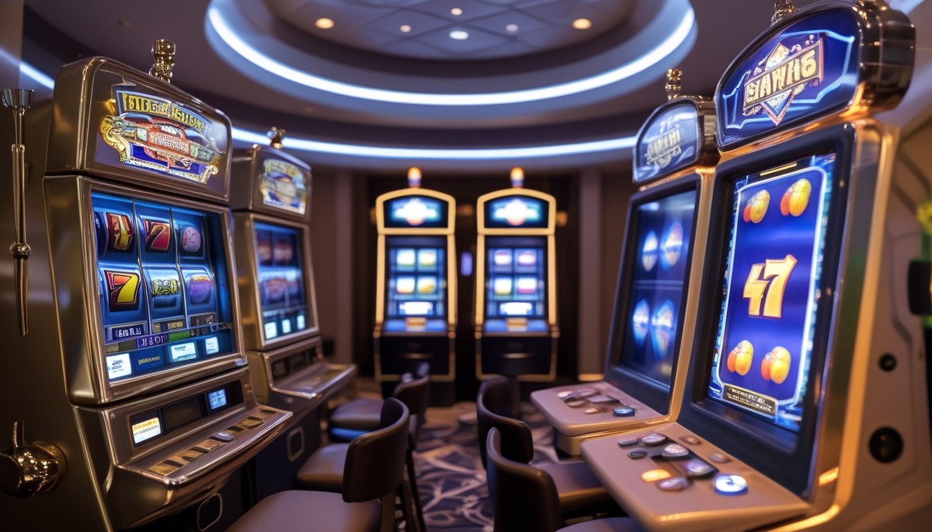 Mesin slot klasik dan mesin slot video berdampingan di dalam kasino.