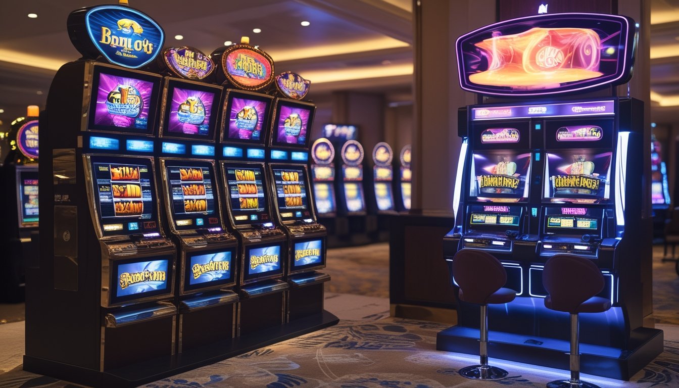 Mesin slot klasik dan mesin video slot berdiri berdampingan di dalam kasino.