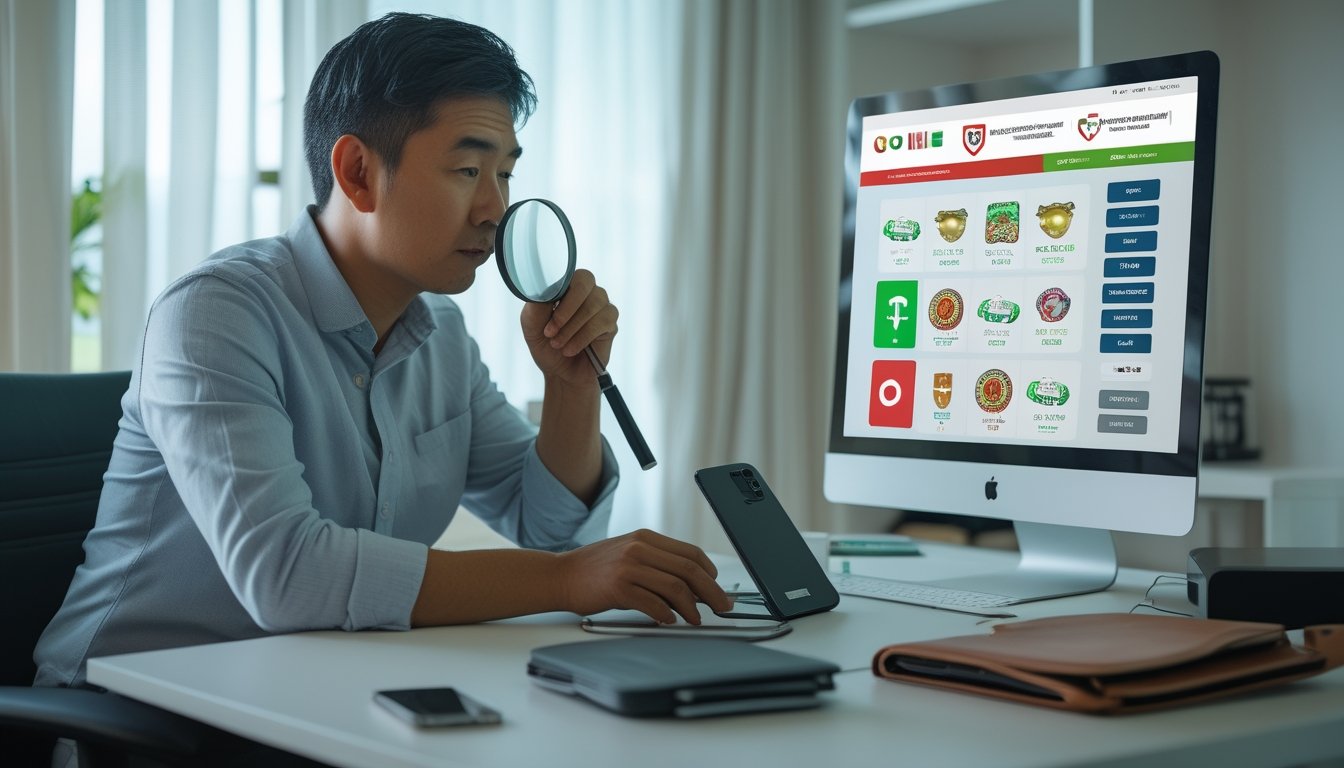 Seseorang memeriksa situs permainan slot di laptop dengan kaca pembesar.
