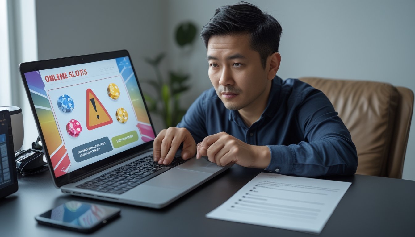 Seseorang memeriksa tampilan permainan slot di laptop dengan cermat.