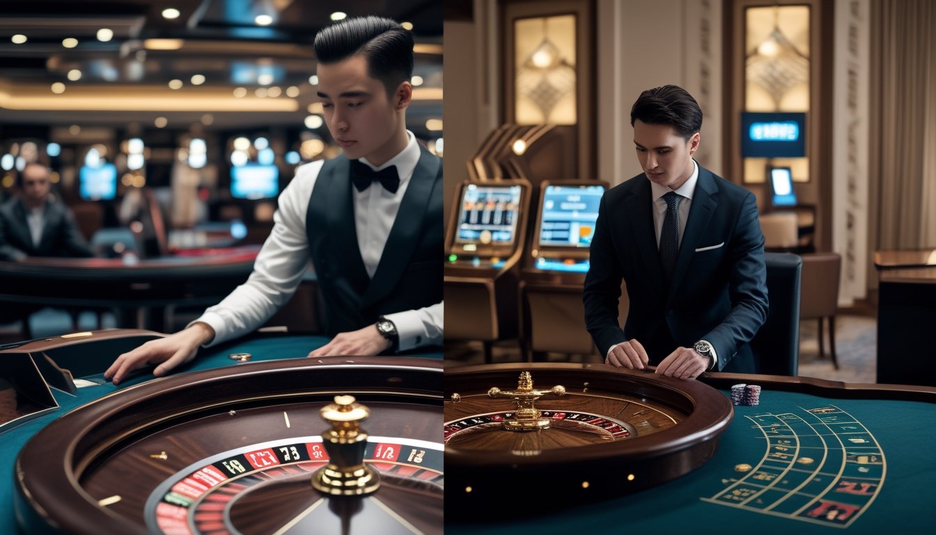 Meja roulette dengan dealer dan pemain berdampingan dengan mesin roulette otomatis.