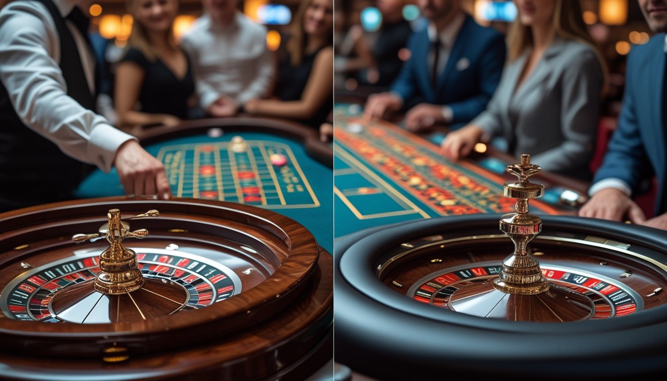 Seorang bandar memutar roda roulette di samping mesin roulette otomatis.