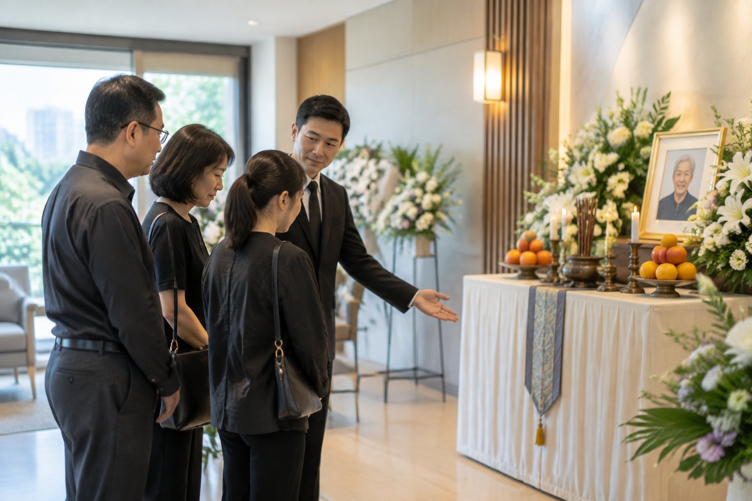 A funeral director guides a family beside a Taoist funeral altar.