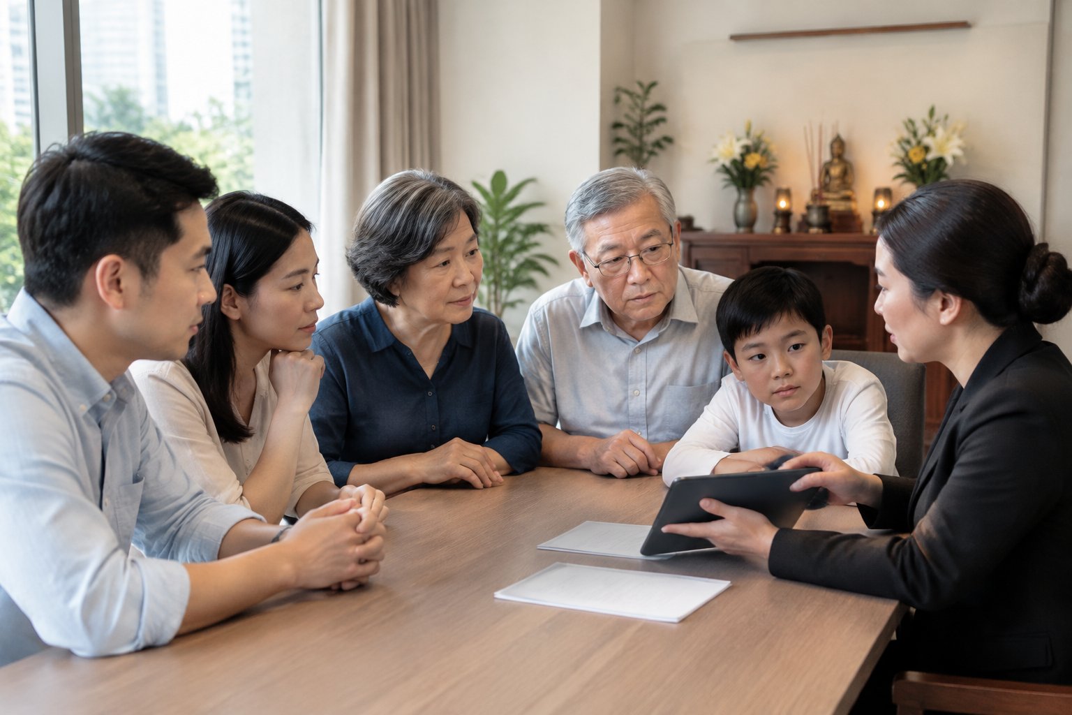A family discusses funeral service options with a consultant in a quiet room.