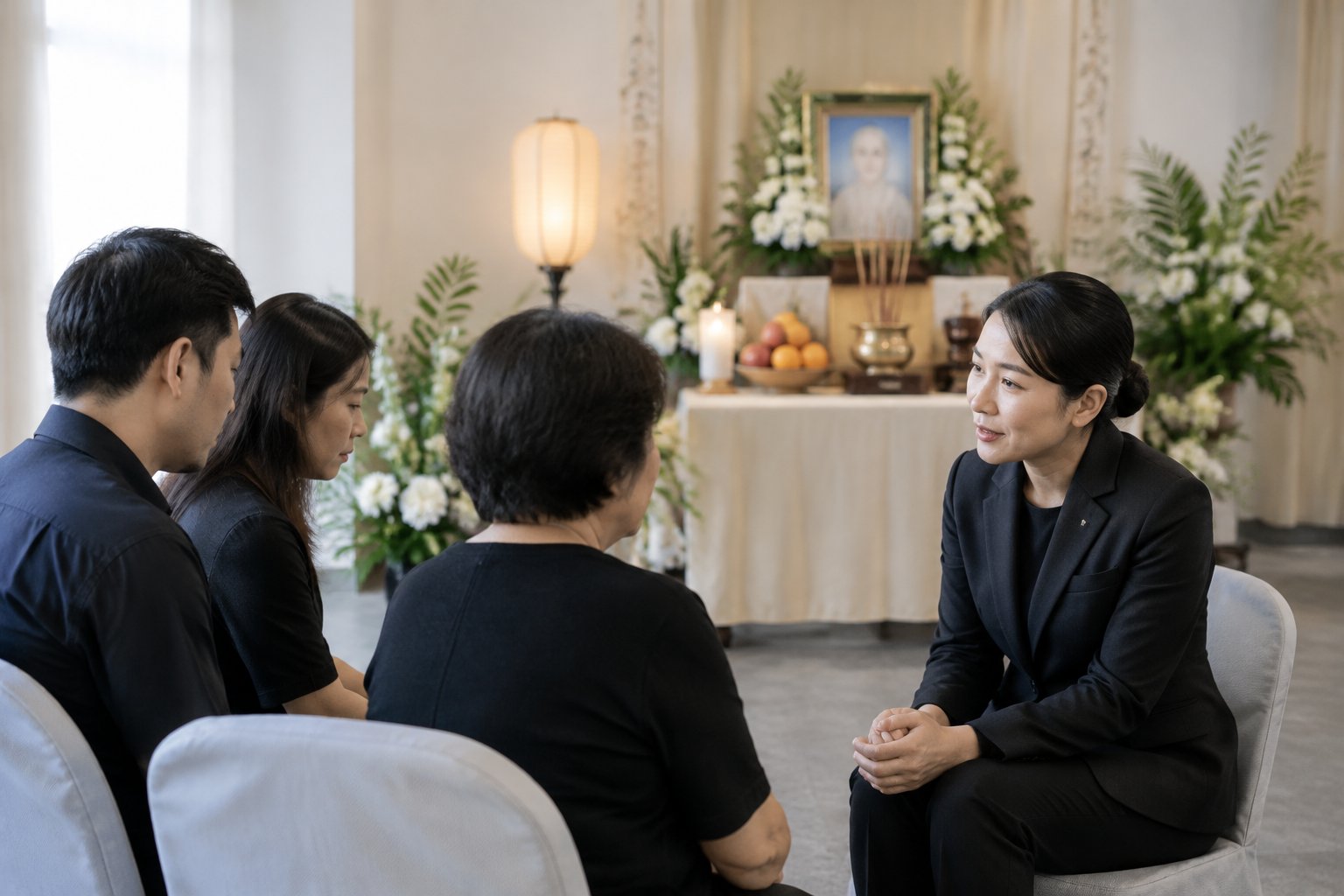 A funeral-care professional speaks with a family beside a Taoist memorial altar.