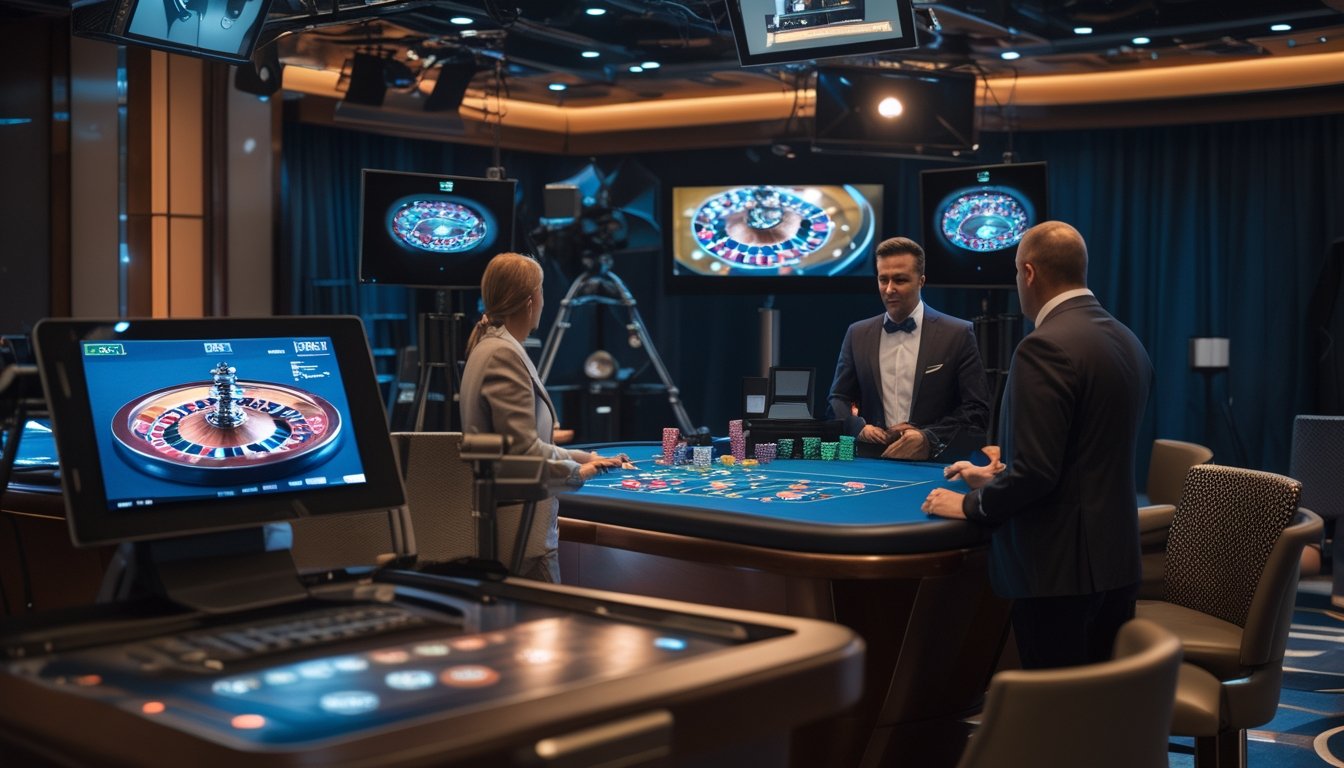 Dealer memandu permainan roulette di studio kasino dengan kamera siaran dan layar yang menampilkan meja permainan.