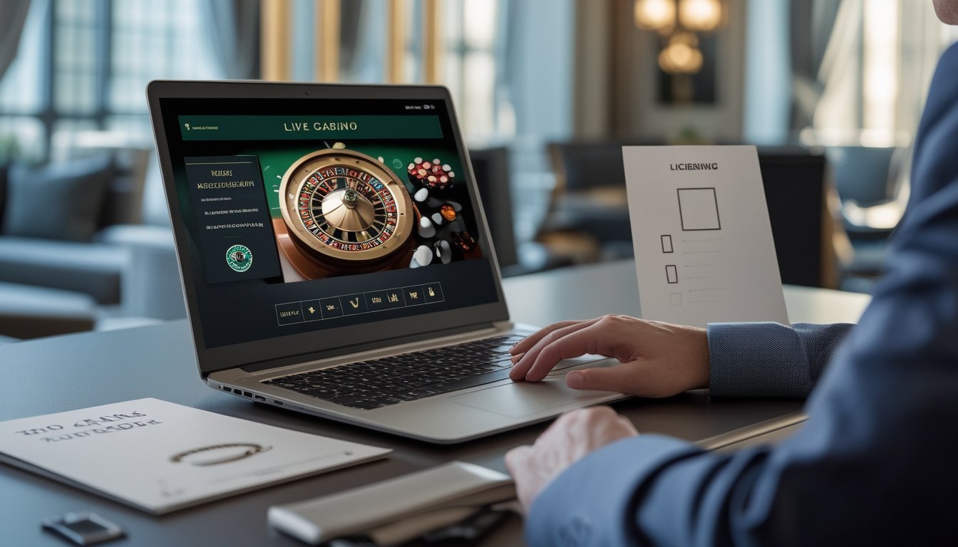 Seseorang memeriksa platform kasino langsung di laptop dengan dokumen dan daftar periksa di sampingnya.