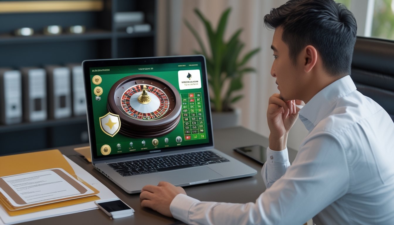 Seorang pemain Indonesia memeriksa platform kasino live dan dokumen lisensi di meja.