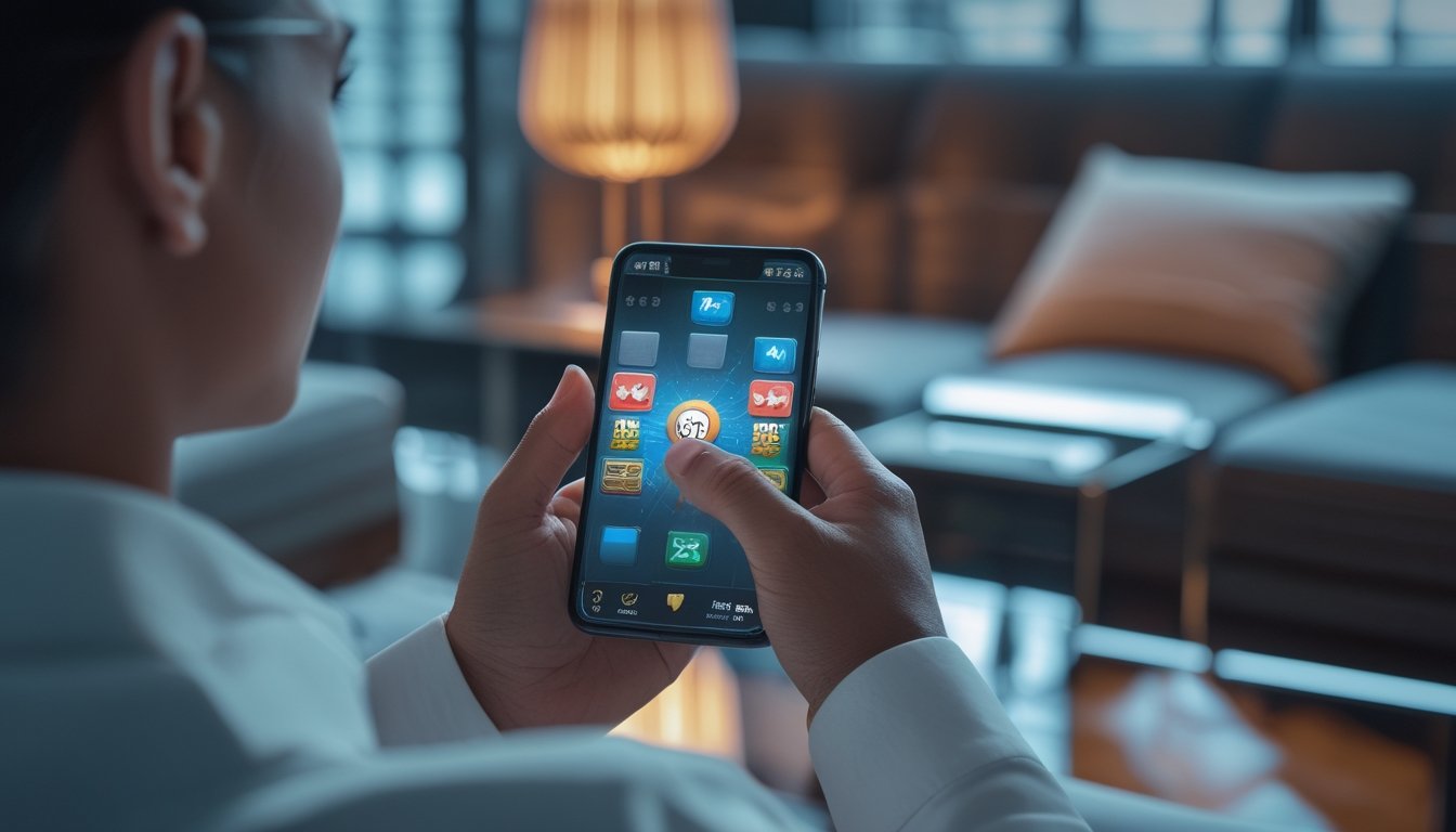 Seseorang menggunakan ponsel untuk melihat permainan kasino digital di ruang santai modern.