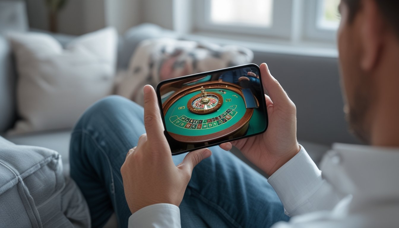 Seseorang memainkan roulette kasino langsung melalui ponsel di rumah.