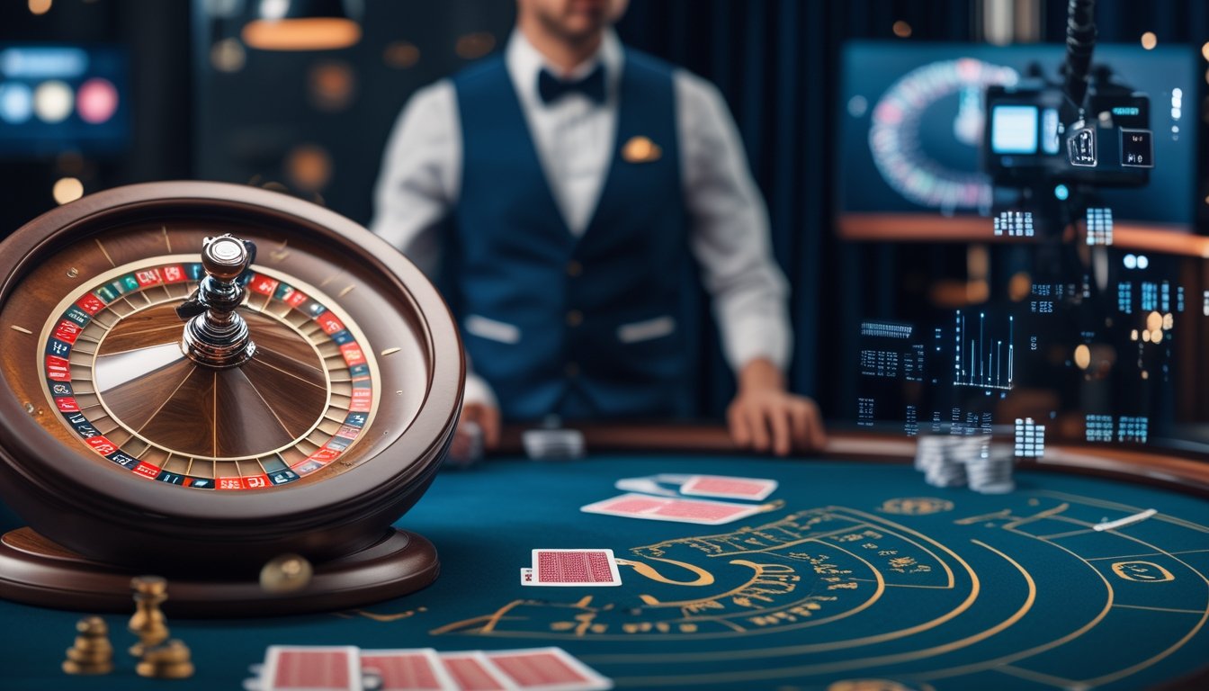 Meja kasino dengan roda roulette, kartu, dan seorang dealer di studio.
