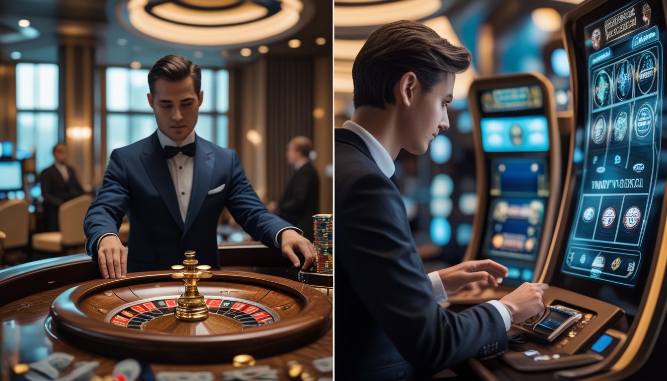 Dealer memutar roda roulette sementara pengunjung lain bermain di terminal kasino digital.