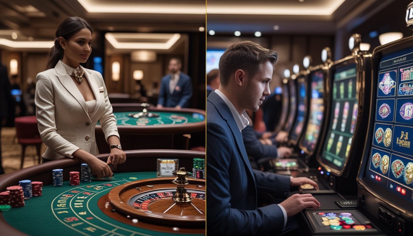 Seorang dealer memandu permainan roulette, sementara seorang pengunjung bermain di terminal kasino digital.