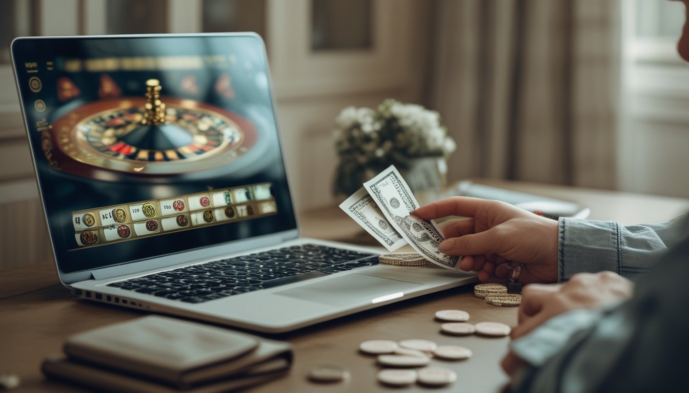 Seseorang meninjau anggaran di meja dengan laptop dan beberapa keping chip kasino.