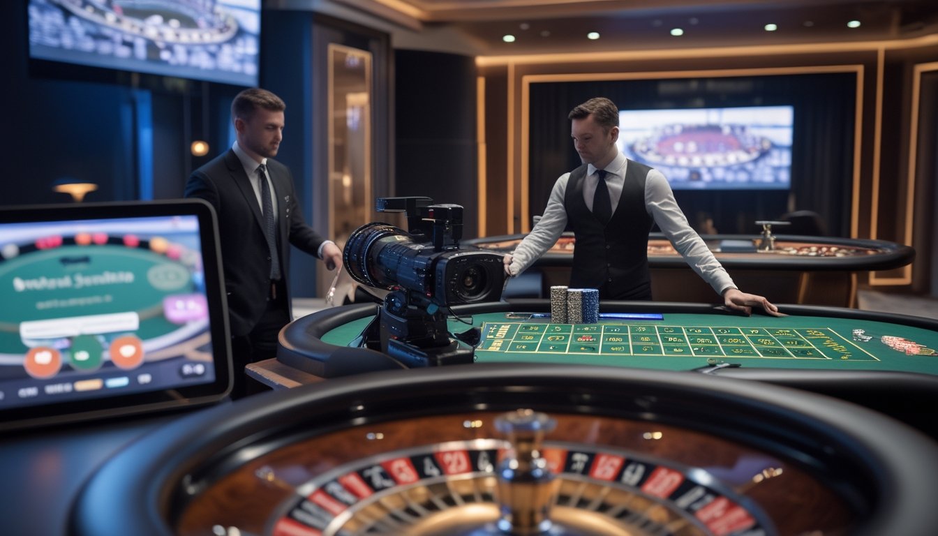 Seorang dealer memandu permainan roulette di studio kasino, sementara seorang tamu menyaksikan siaran melalui tablet.