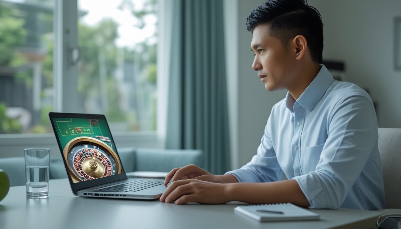 Seorang pria dewasa meninjau permainan kasino live di laptop di meja rumah yang rapi.