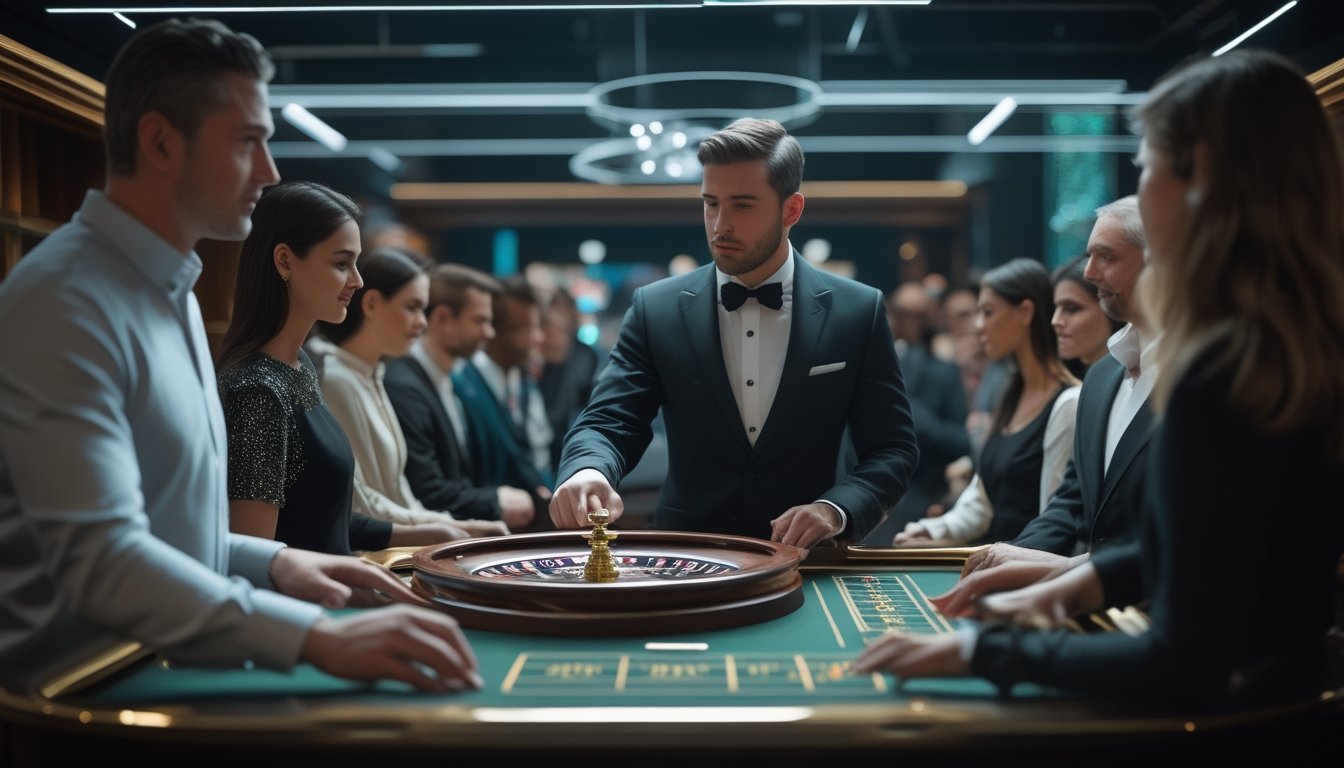 Seorang dealer memandu permainan roulette di studio kasino modern dengan beberapa pemain dewasa.