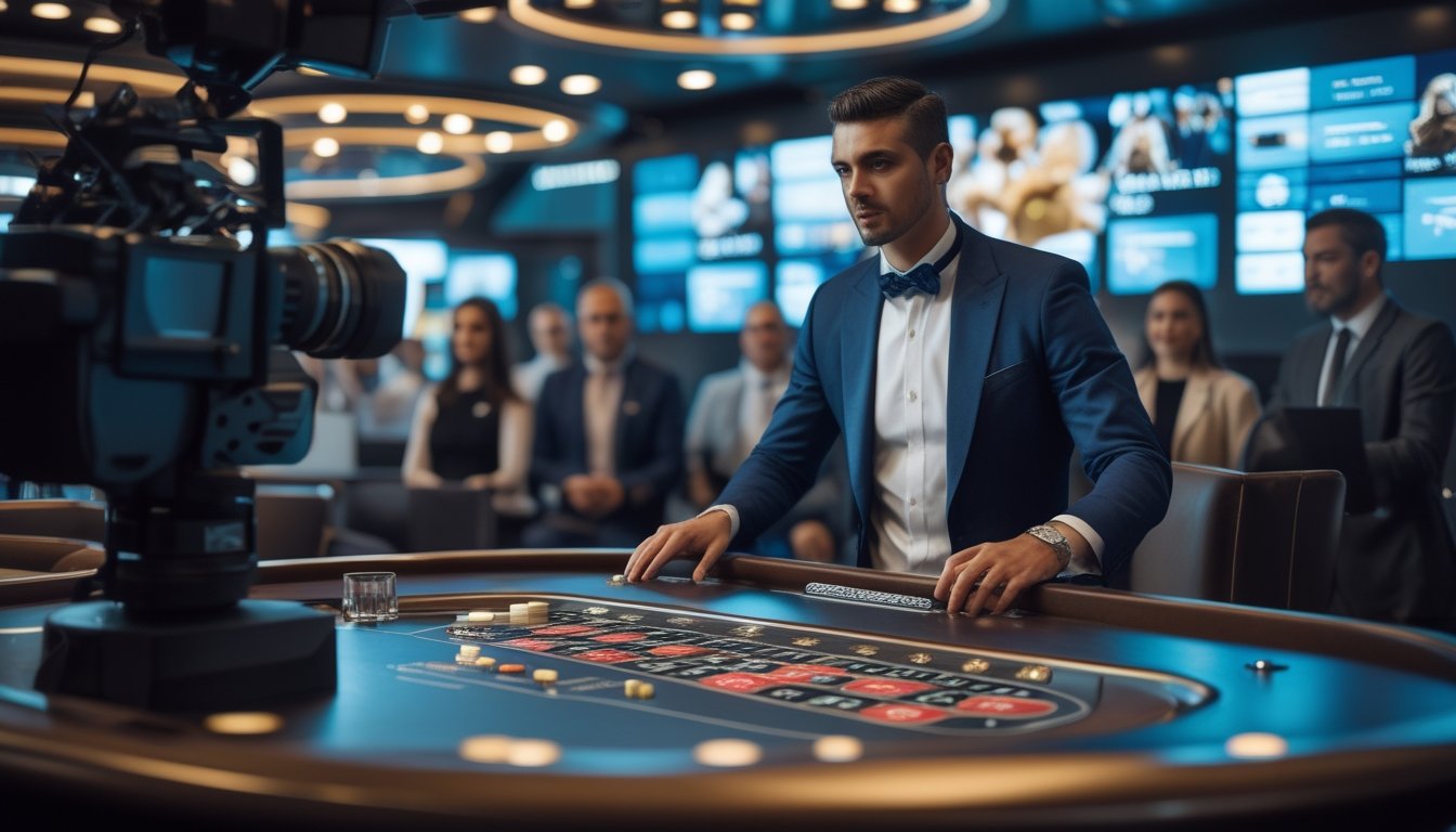 Seorang bandar memandu permainan roulette di studio kasino modern dengan layar yang menampilkan para pemain.