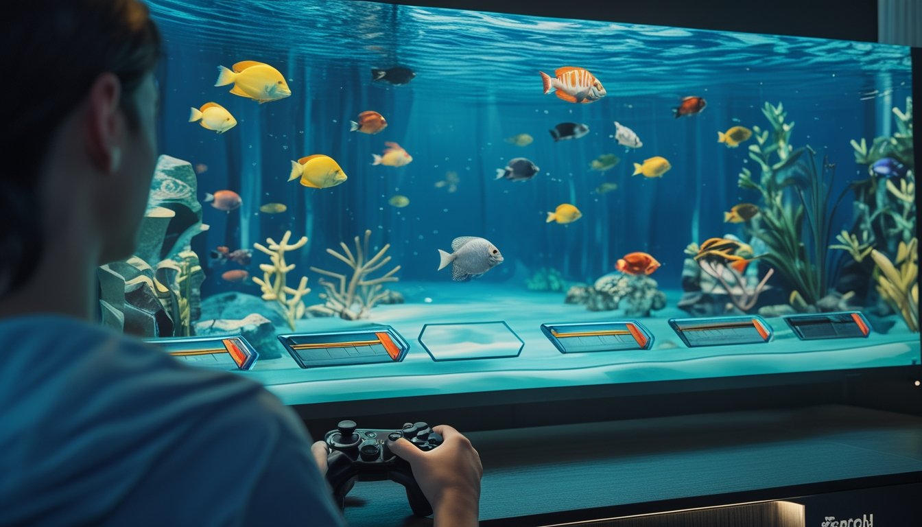 Seseorang memainkan game memancing ikan di layar arcade dengan beberapa jenis senjata virtual.